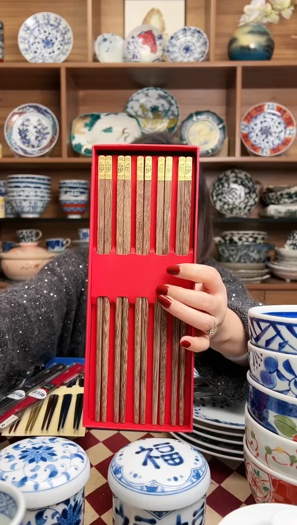 【闪购商品】瓷片福字鸡翅木筷 5双盒装