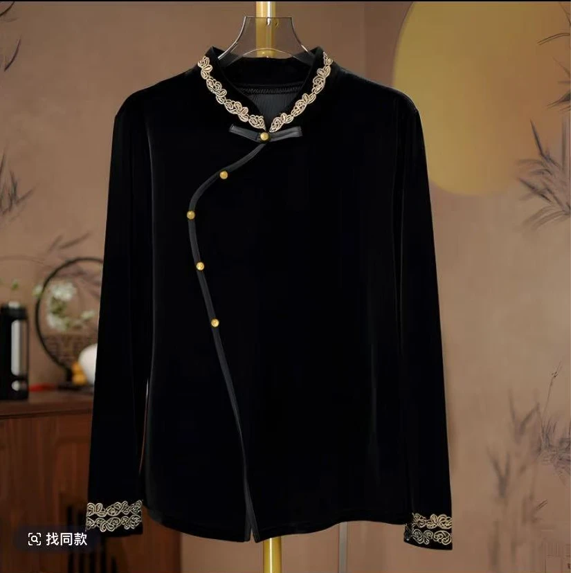 纯色刺绣中老年女装时尚早春薄款半高领修身型常规长袖新中式