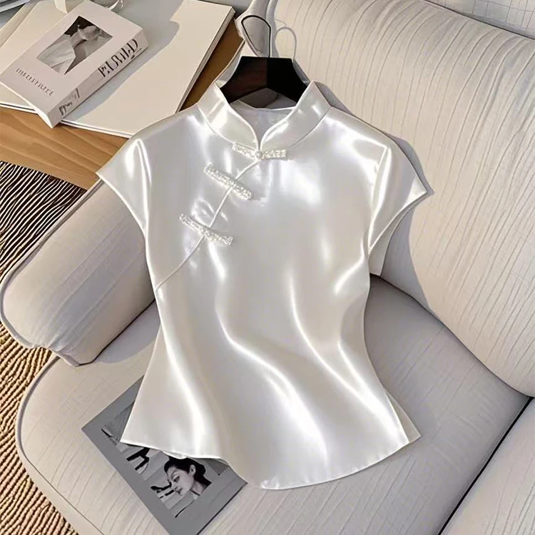 2025夏季新款高级感轻奢上衣超好看独特漂亮减龄新中式白色短袖女