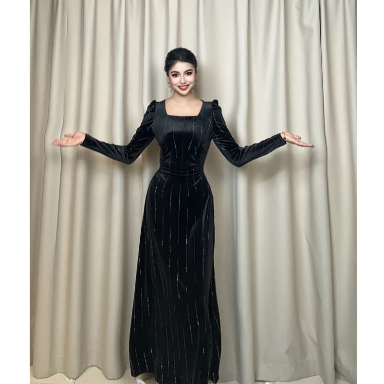 9866【包邮】方领时尚丝绒烫钻女装连衣裙