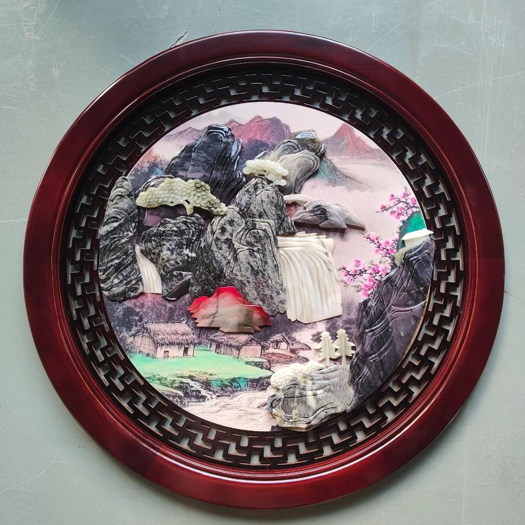 80*80 圆框 山水 客厅装饰画新中式装饰画高端大气玄关挂画