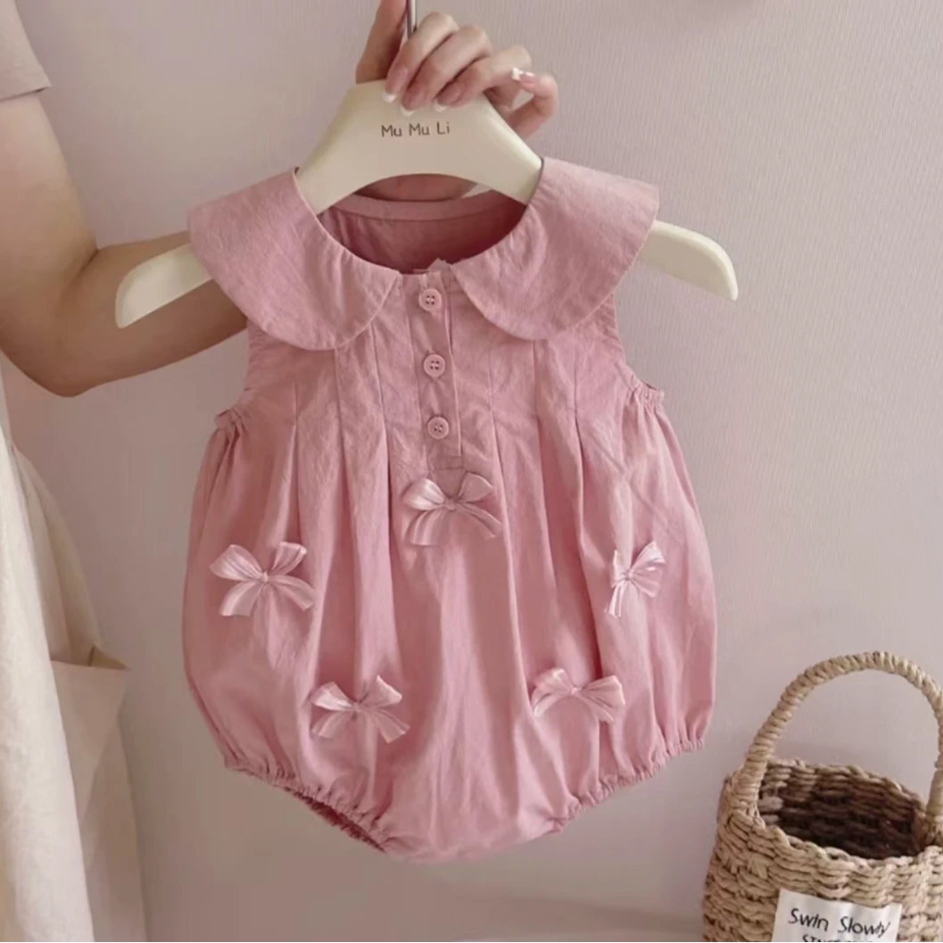 婴幼儿夏季连体衣女宝宝甜美公主蝴蝶结无袖包屁衣三角爬服可爱洋