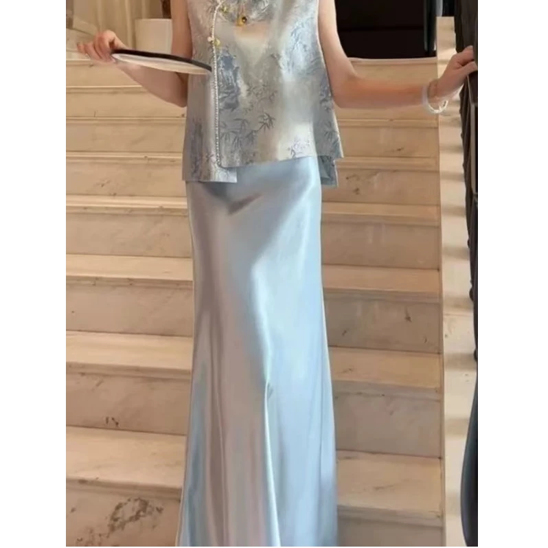 夏季新款新中式纯色百搭时尚高级感气质轻奢醋酸法式A字鱼尾裙女