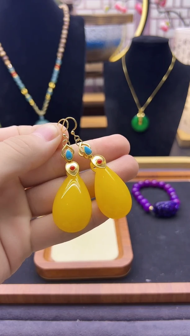 【闪购商品】蜜蜡耳饰14K金镶嵌E163