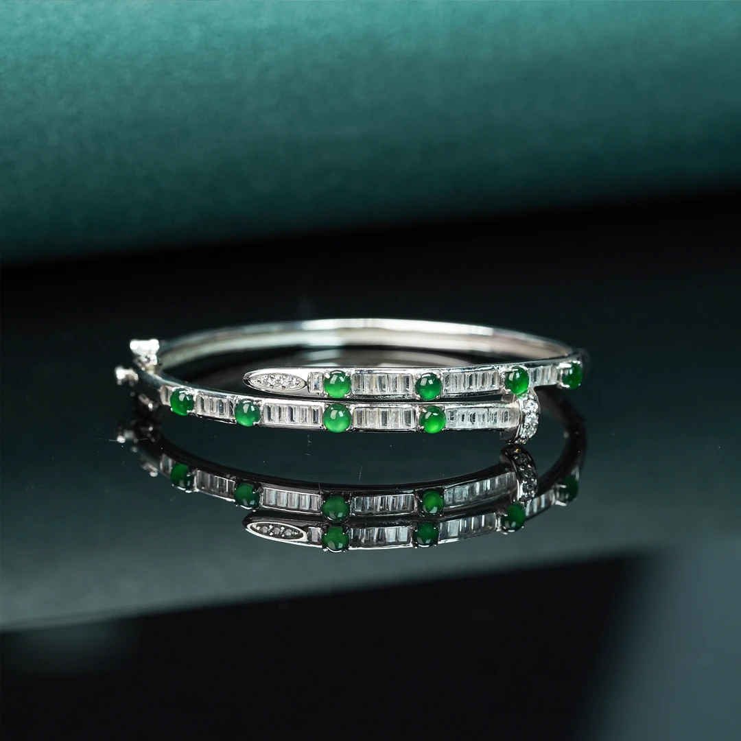 【小北好物】s925银镶嵌翡翠手镯-17QH220X262【约3mm+】8颗面