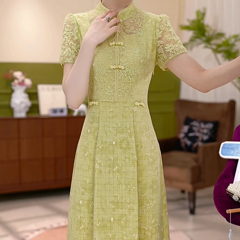 2025夏季新款时尚优雅高端中式复古优雅气质修身显瘦中长款连衣裙