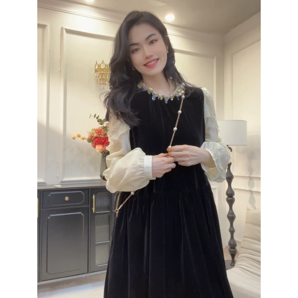 【洛莉假两件长袖连衣裙】小众设计高级感丝绒拼接百搭老钱风女装LY