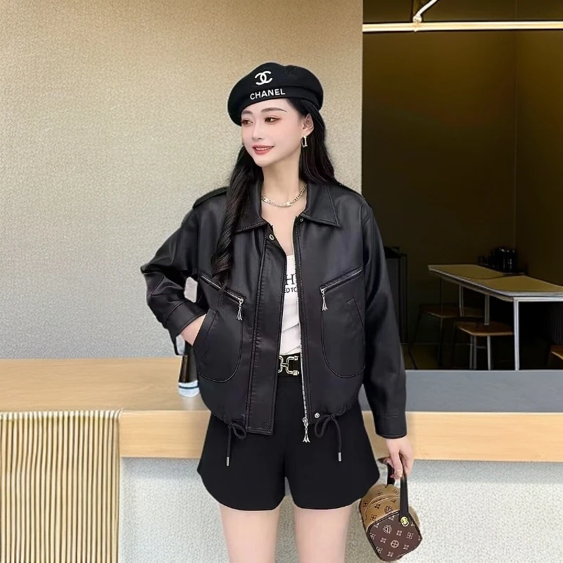 高端皮衣外套女2025春秋小个子美式复古扎染宽松休闲皮夹克上衣