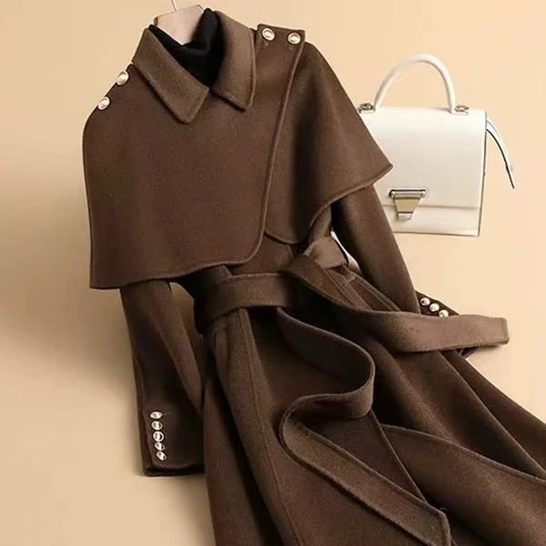 843秋冬新款大衣女中长款赫本风斗篷可拆卸职业时尚呢子外套女