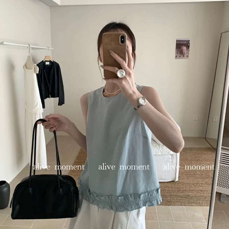 25夏新款韩版无袖百搭显瘦简约木耳边少女风小清新短款简约小衫