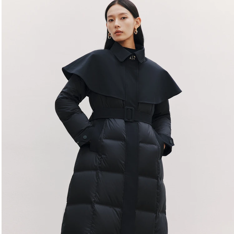艾莱依时装羽绒服冬季新款中长款鹅绒风衣斗篷女修身保暖外套1257