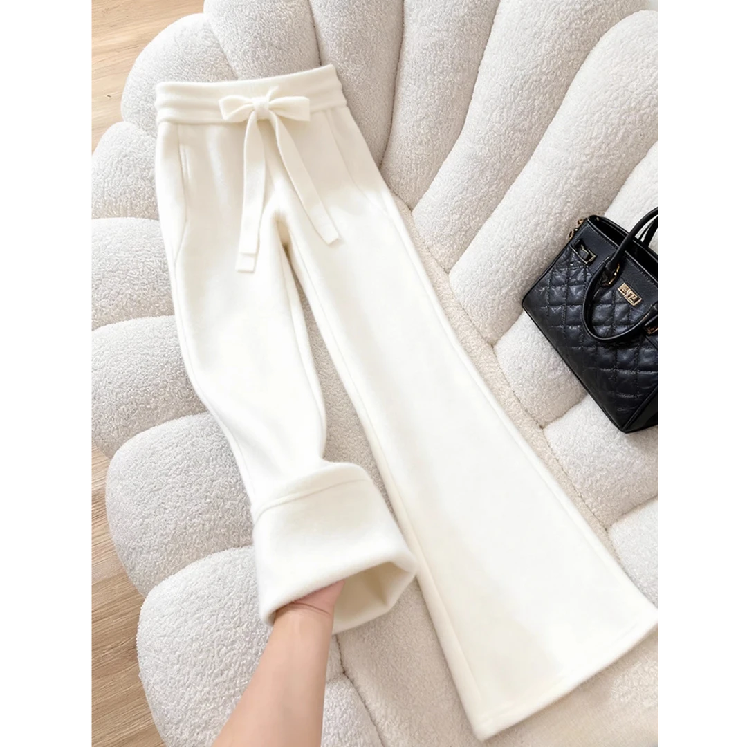 2025超火的加绒白色裤子女冬超好看时尚气质高端松紧腰系带阔腿裤