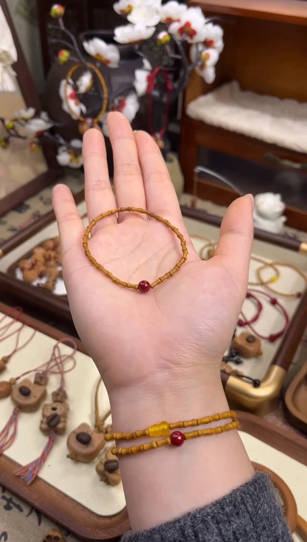 手串桃核【桃缘行】竹节「红色莎莎」桃木桃核辟、挡、驱、护 备注手围