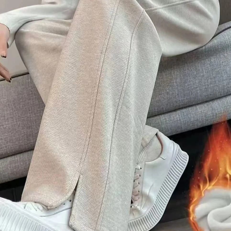 毛呢加绒阔腿裤女秋冬季开叉裤子人字纹直筒裤子加厚窄版香蕉裤女