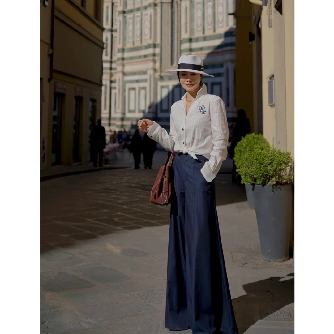 【美式老钱】私服 L家字毋立领衬衫亚麻色织竖条纹老钱衬衫