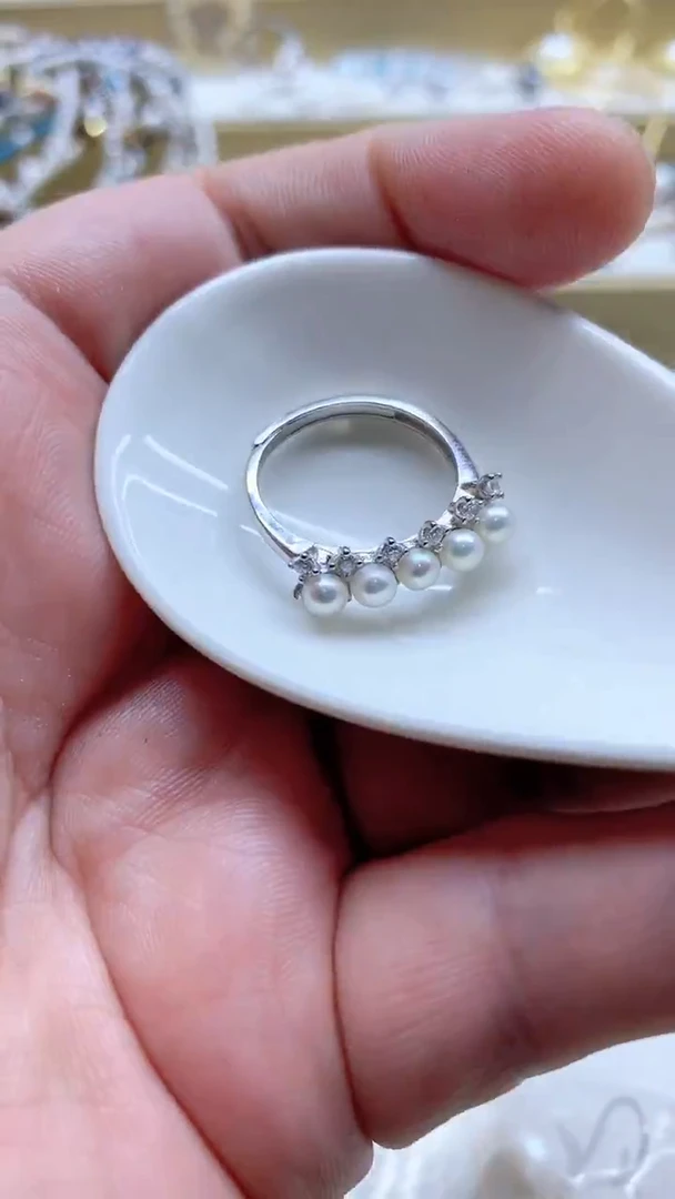 银S925镶嵌戒指淡水珍珠3-4mm
