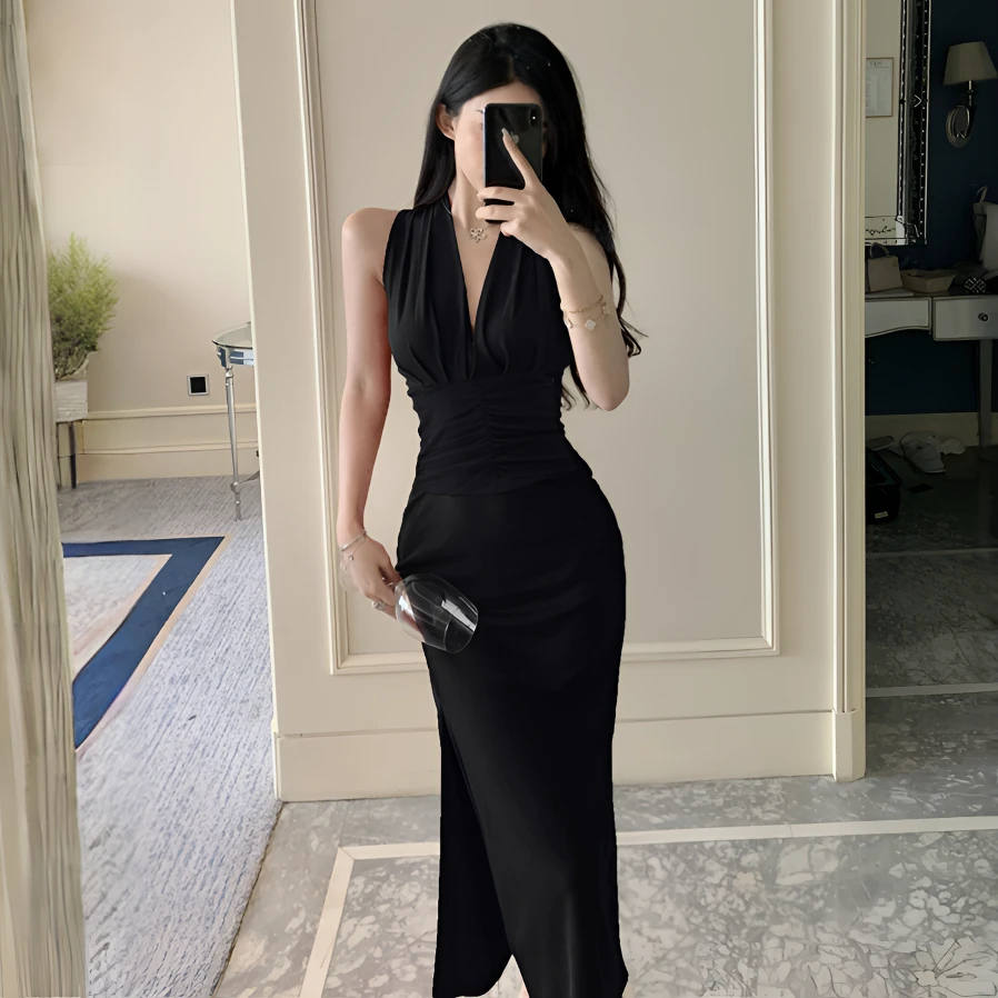 法式气质v领无袖连衣裙赫本风高级感裙子收腰显瘦长裙女夏季新款