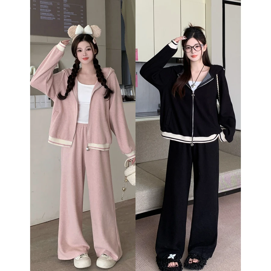【泡芙专属】2025年春季大码女慵懒风撞色加厚连帽外套阔腿裤两件套