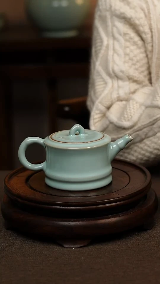 瓷片天青色全手工竹节壶180ml微瑕不带礼盒