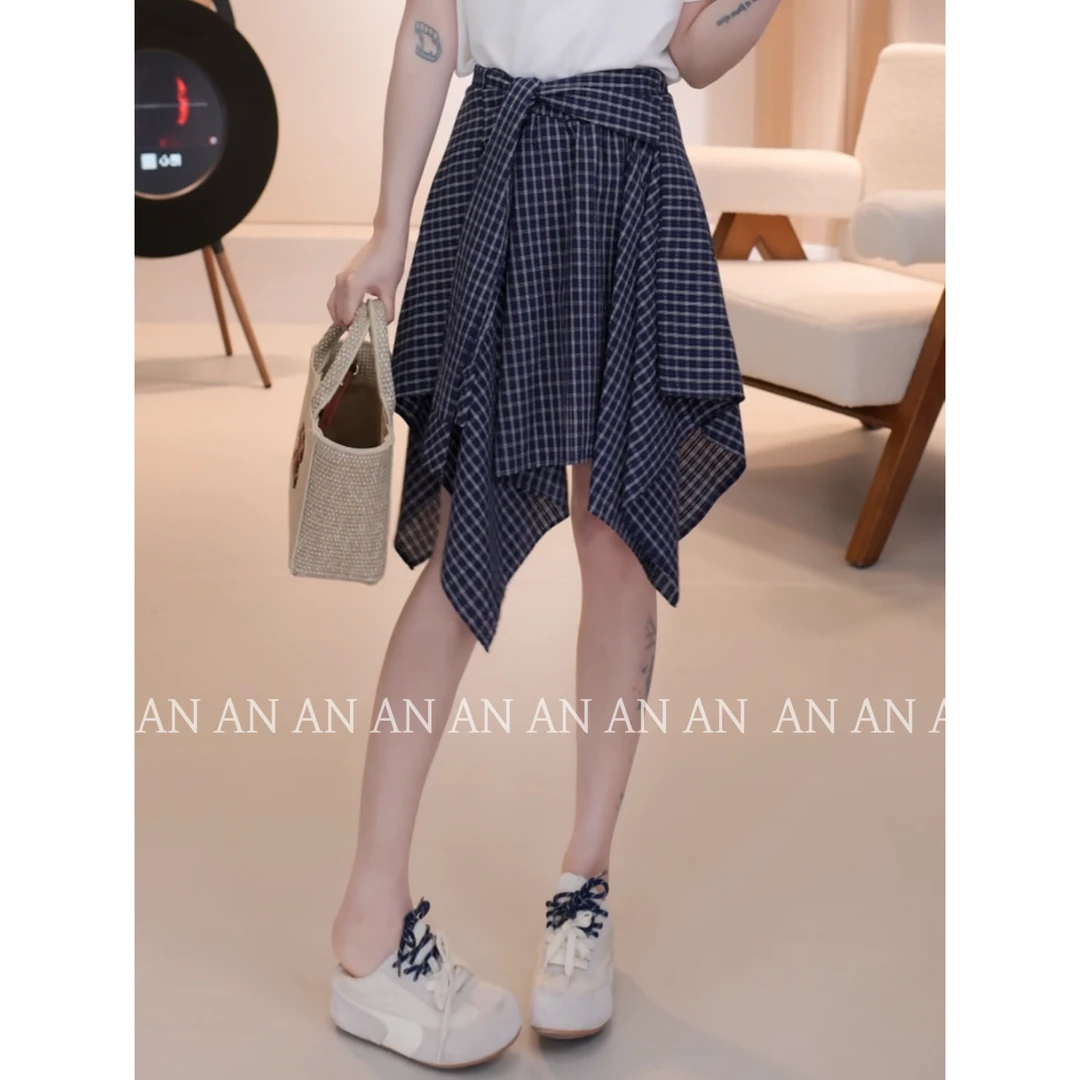 C04161小个子松紧腰半身裙女装夏季新款有内衬不规则绑带格子短裙