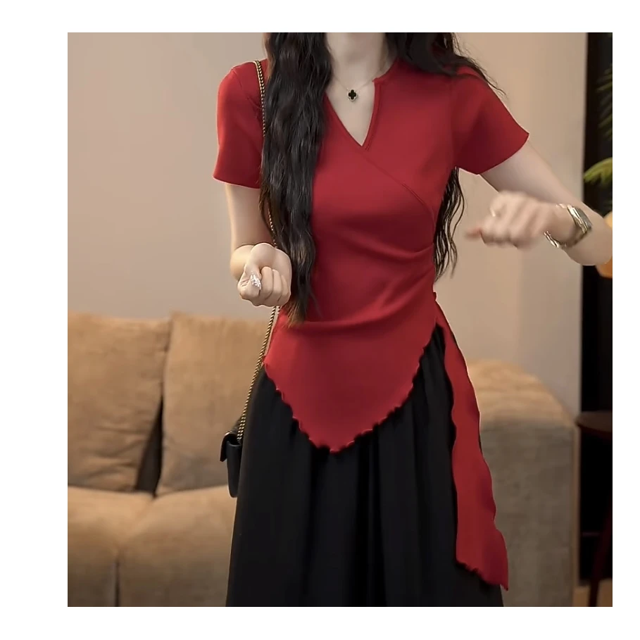 【绵绵芝士】2025夏季新款设计感小众不规则下摆短袖针织衫女