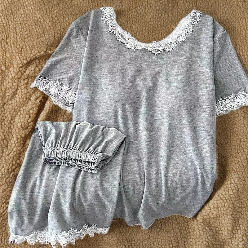 女拼接睡衣短袖时尚蕾丝镂空常规款家居服套装夏季