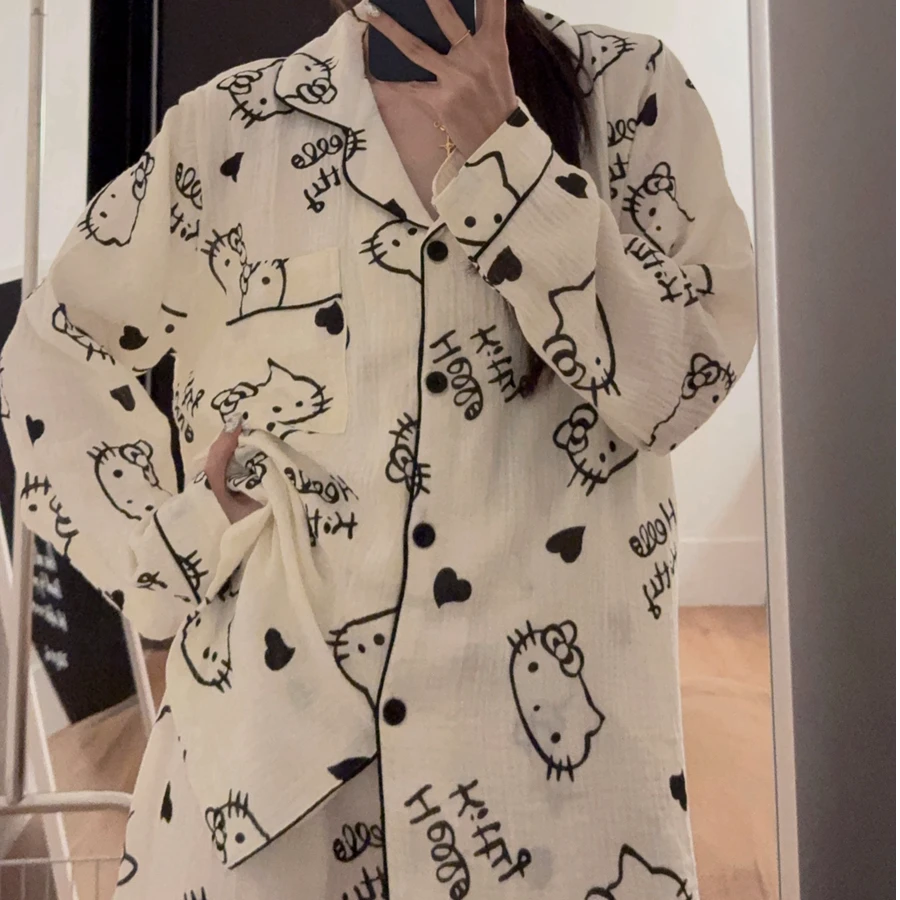 2025新款春季睡衣女长袖长裤双层纱布卡通kitty猫韩版少女家居服