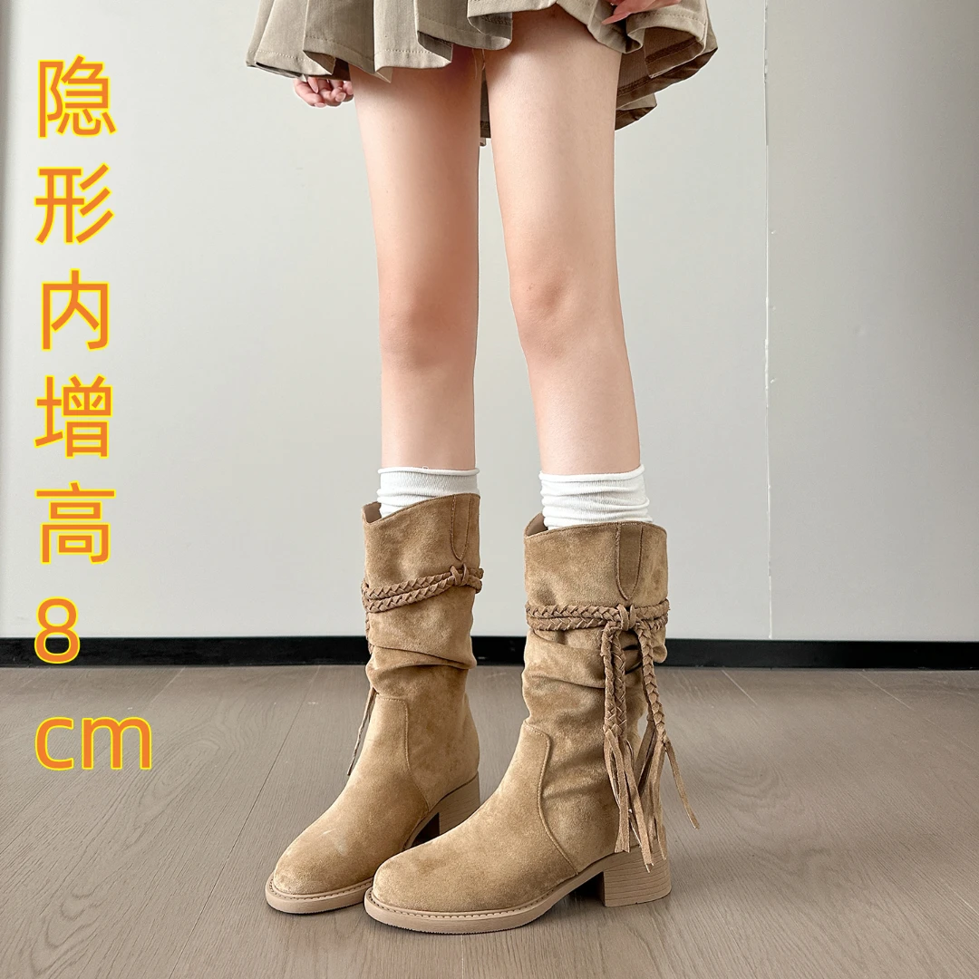 小个子内增高8cm西部牛仔靴秋冬新款复古美拉德中筒骑士靴堆堆靴
