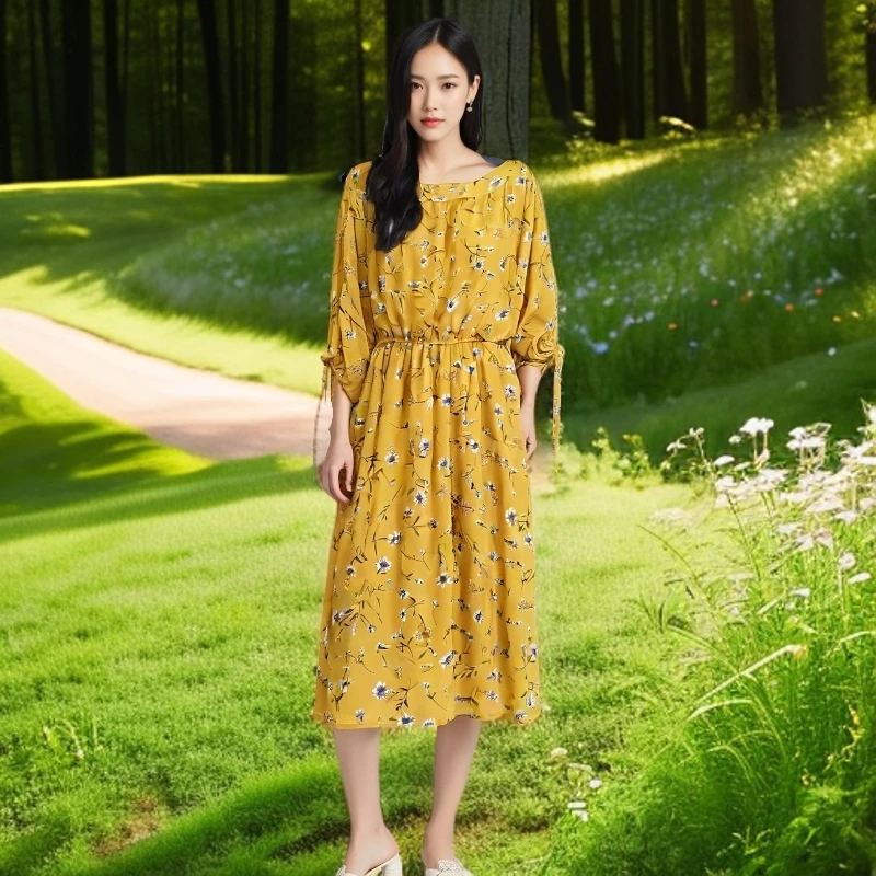A603云雀黄绑带袖简约印花气质连衣裙时尚百搭潮流收腰