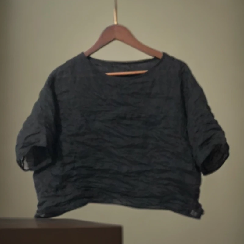 小个子0528圆领拼接宽松苎麻套头小衫衣长50胸围120