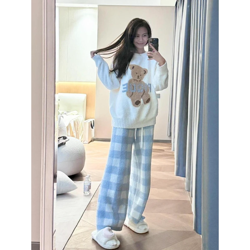 韩版可爱小熊毛绒针织睡衣女冬季加绒加厚半边绒家居服大码套装冬