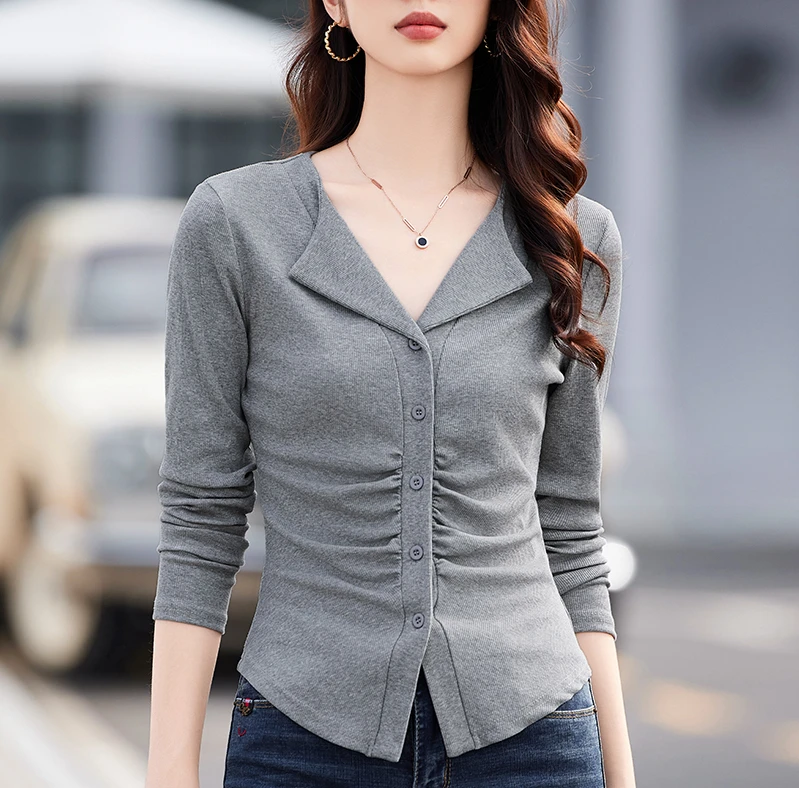 灰色V领修身正肩长袖t恤女螺纹棉翻领短外套收腰显瘦短款上衣