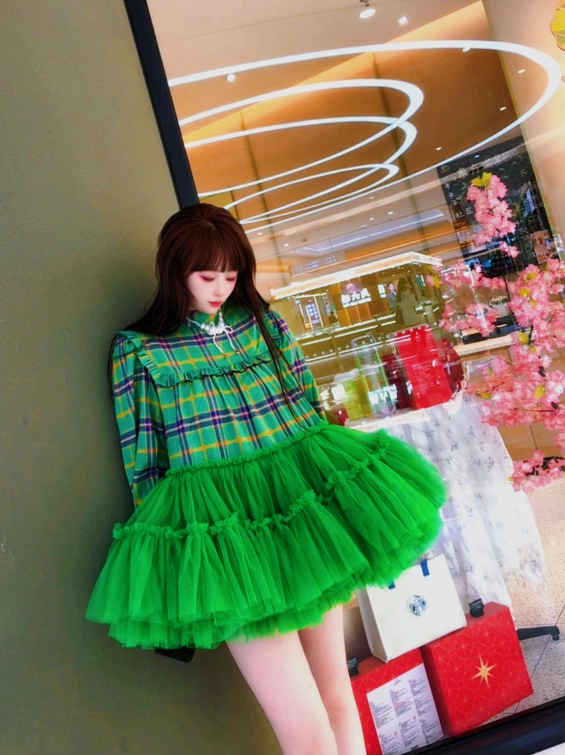 0038【熙妮潮牌】潮牌设计师私人定制绿色小清新撞色格子衬衣纱裙