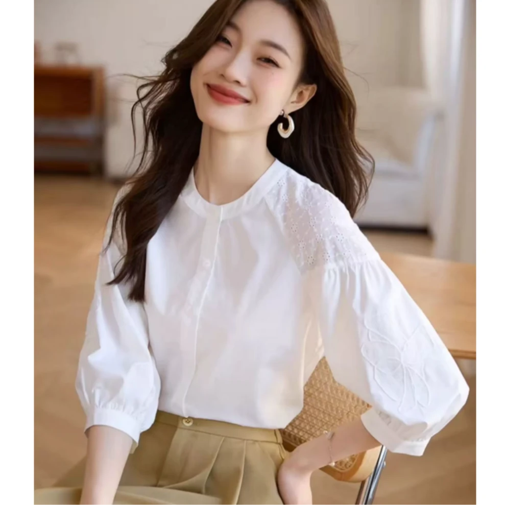 【棉】白色衬衫女2025年春夏新款独特别致法式七分袖衬衣上衣