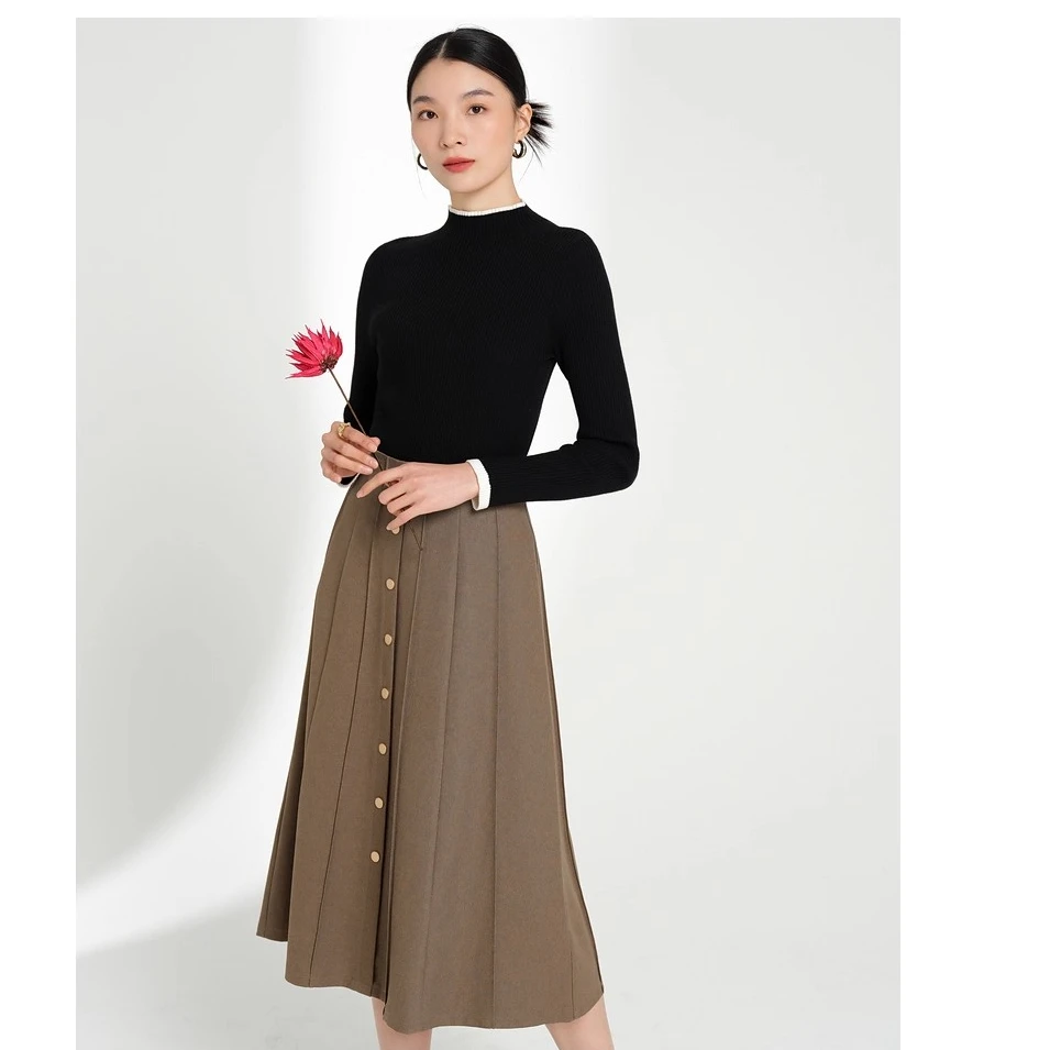 velwin蔚雯春秋新女百搭款驼色高腰a字百褶半身中长裙MGBB238A33