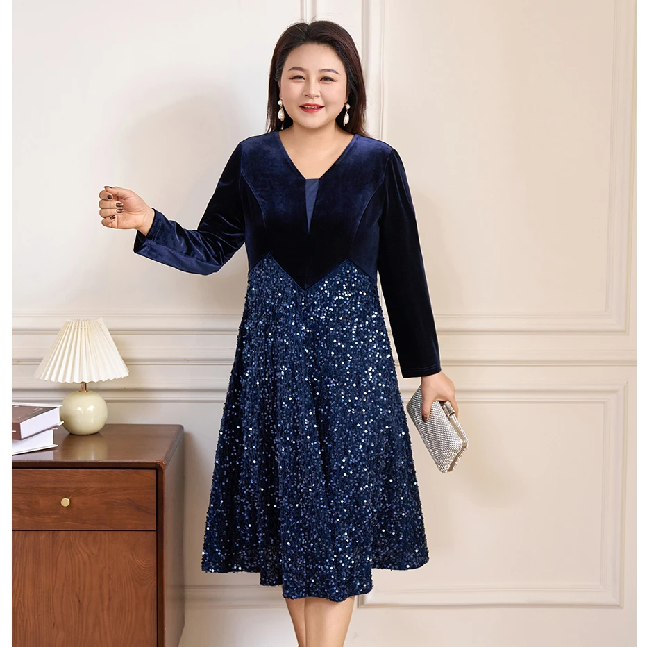 MsShe大码女装喜婆婆婚服年会珠片绣丝绒连衣裙礼服J~B2312046