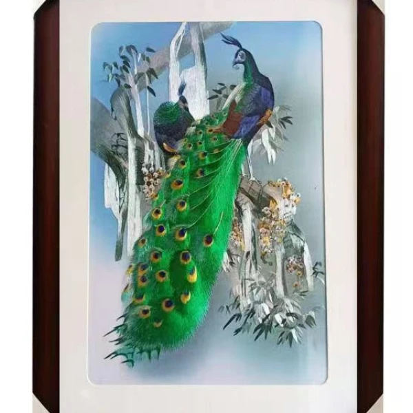 孔雀竖版苏绣玄关手工中式挂画刺绣成品客厅书房装饰画
