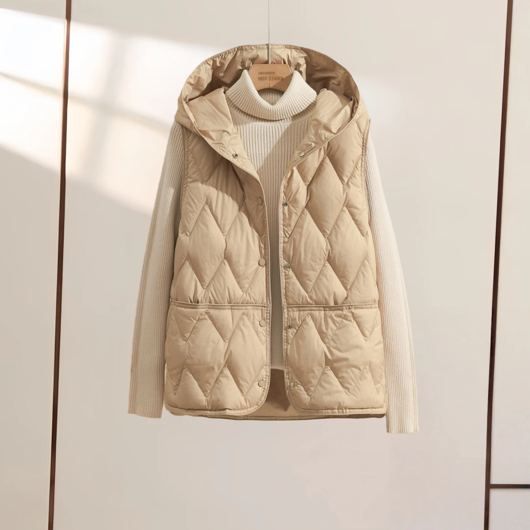 90白鸭绒轻薄羽绒马甲女短款2025秋冬新款羽绒服背心连帽内搭外套