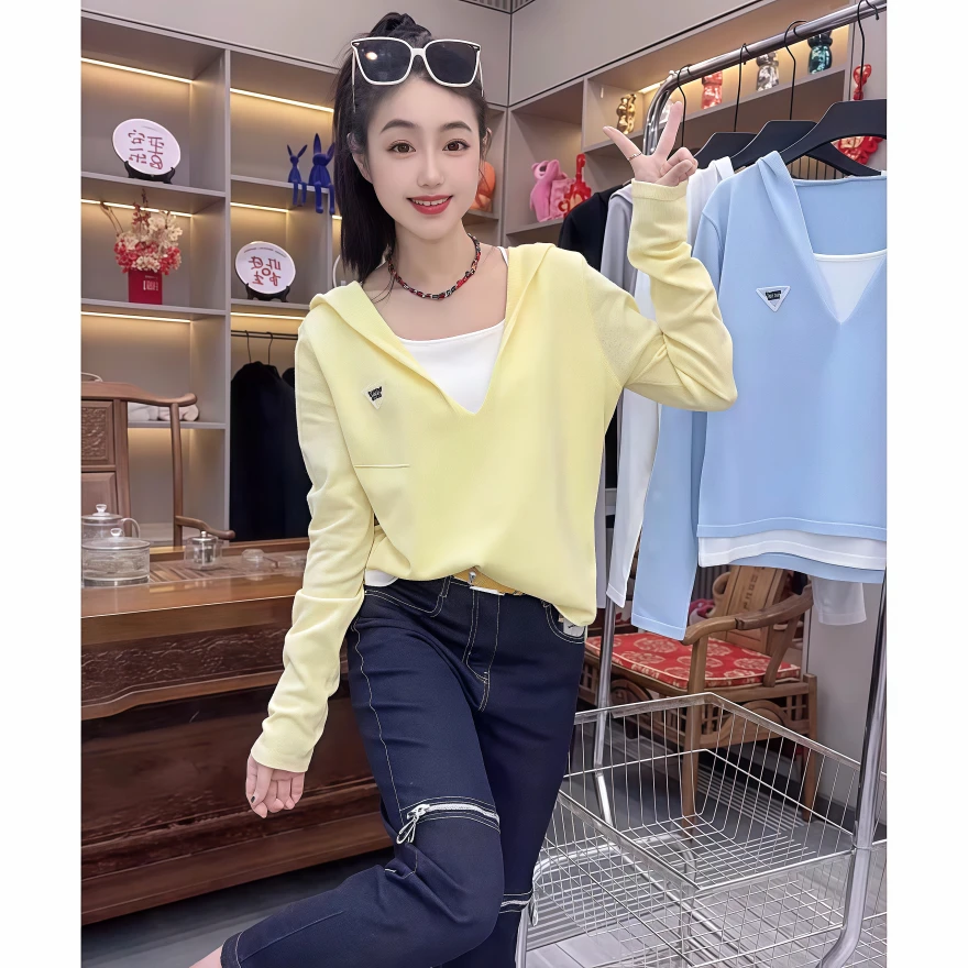 早春新款撞色拼接假两件连帽针织衫女韩版时尚洋气百搭休闲上衣