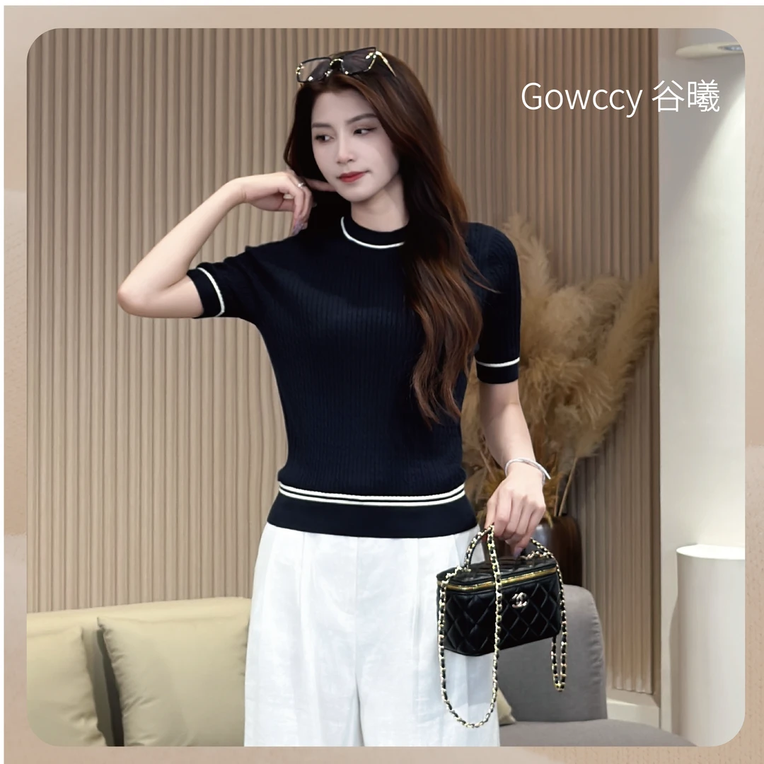 GOWCCY100%埃及海岛棉夏季女装休闲撞色圆领短袖T恤时尚针织显瘦