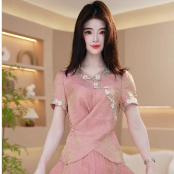 2025夏季气质刺绣新中式国风盘扣减龄套装两件套M-4XL