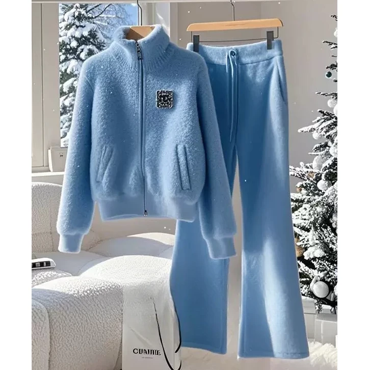 一整套秋冬季温柔系高级感穿搭小香风蓝色毛衣针织裤子休闲套装女