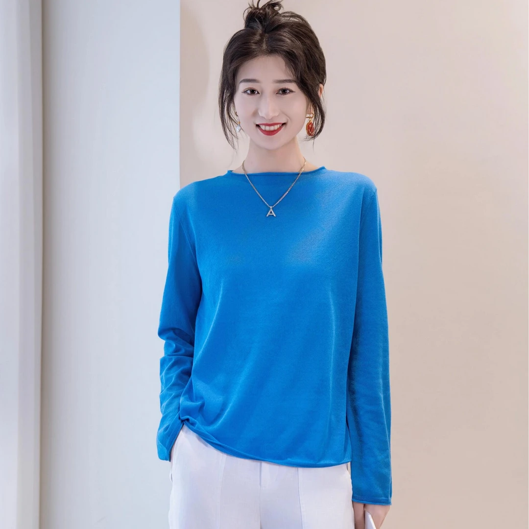 依衣阿家正品5399728新款休闲时尚卷边圆领长袖超薄纤维素针织衫