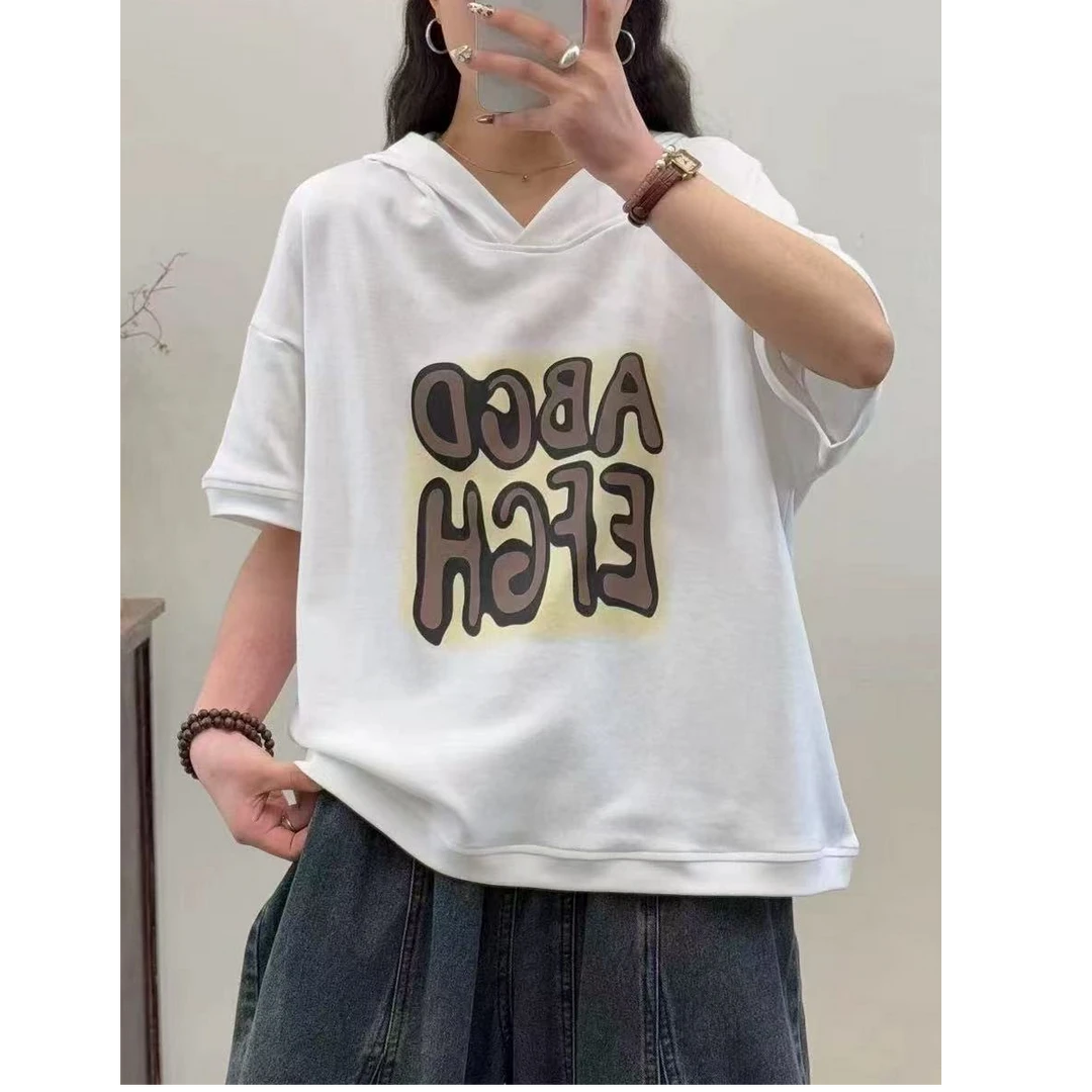 媄澜新款设计感白色连帽T恤夏季女宽松遮肉百搭减龄上衣ins女装