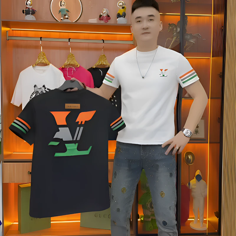 轻奢四季纯棉个性印花新款时尚休闲百搭潮流圆领修身男士短袖T恤