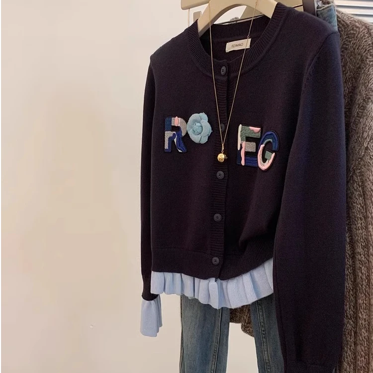 假两件撞色长袖气质针织开衫薄款毛衣外套上衣女设计感小众高级感