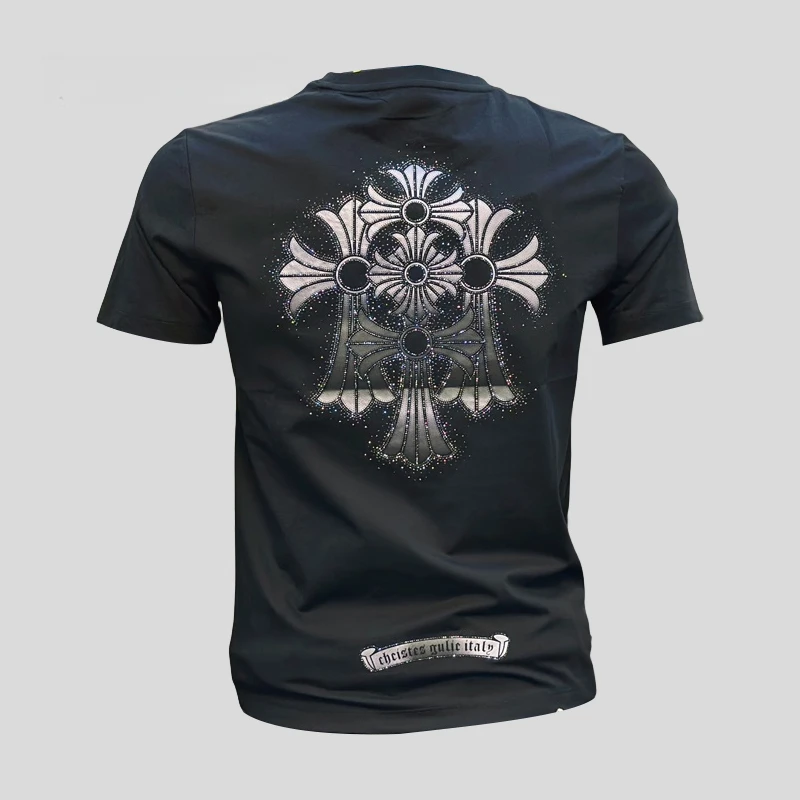 A.D Hepburn2025夏季新款男圆领短袖时尚个性印花烫钻百搭休闲T恤