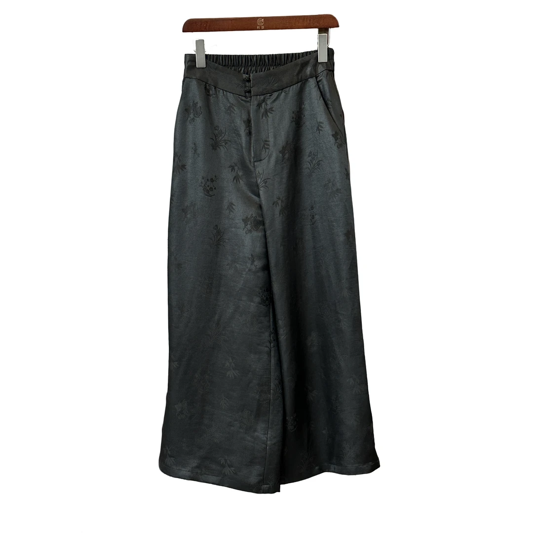 「利琪高订」国风气质桑蚕丝提花梅兰竹菊百搭直筒大甩裤B5992