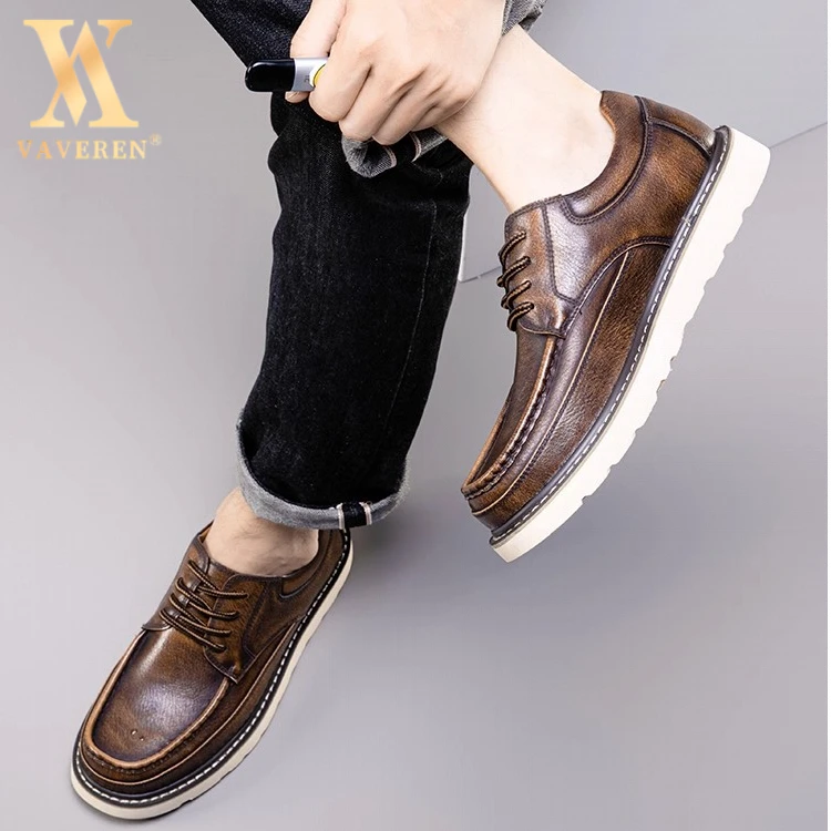 美式牛仔复古工装靴纯牛皮大码男鞋4647低帮高级感男棕色马丁靴男