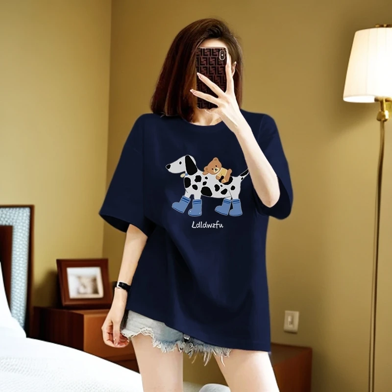 mnmf纯棉小众卡通小狗印花休闲宽松时尚百搭夏季女士大码短袖t恤